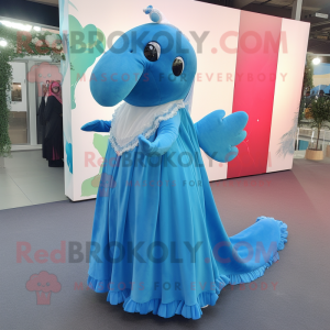 Cyan Humpback Whale mascot costume character dressed with a Evening Gown and Earrings