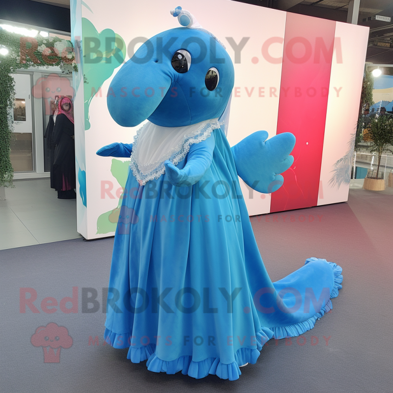 Cyan Humpback Whale mascot costume character dressed with a Evening Gown and Earrings Cyan Humpback Whale mascot costume character dressed with a Evening Gown and Earrings