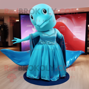 Cyan Humpback Whale mascot costume character dressed with a Evening Gown and Earrings