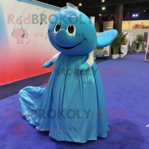 Cyan Humpback Whale mascot costume character dressed with a Evening Gown and Earrings