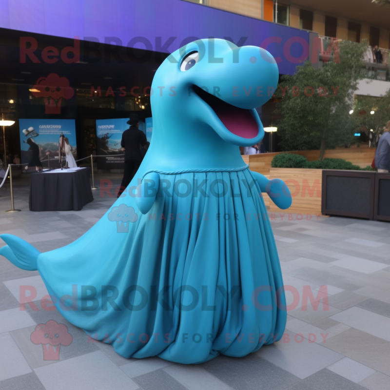 Cyan Humpback Whale mascot costume character dressed with a Evening Gown and Earrings