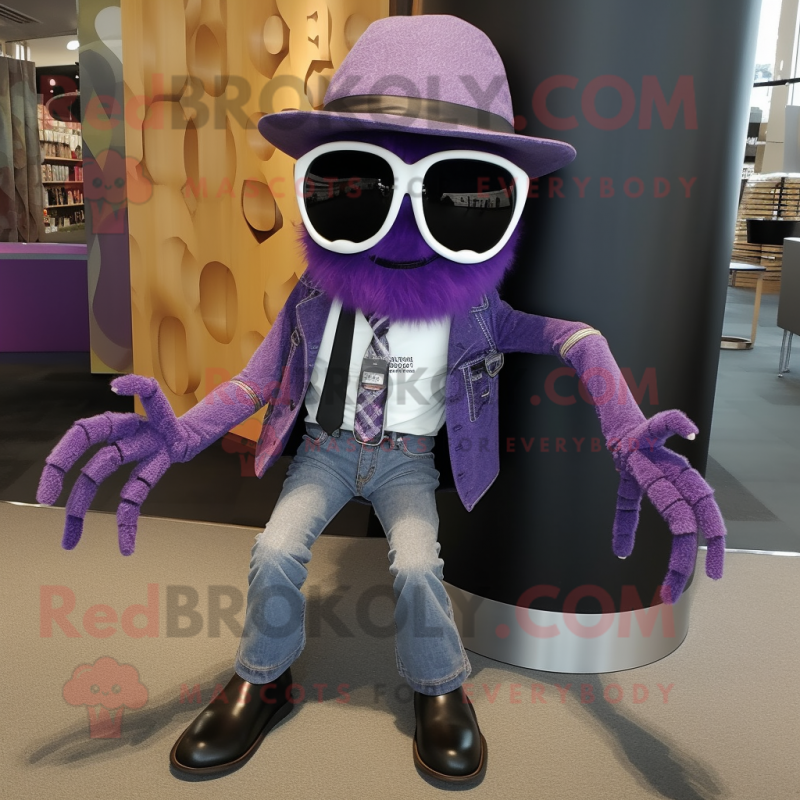 Lavender Spider mascot costume character dressed with a Biker Jacket and Tie pins