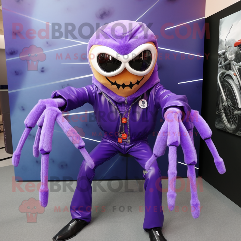Lavender Spider mascot costume character dressed with a Biker Jacket and Tie pins Lavender Spider mascot costume character dressed with a Biker Jacket and Tie pins