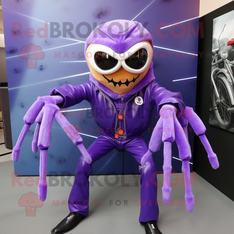 Lavender Spider mascot costume character dressed with a Biker Jacket and Tie pins