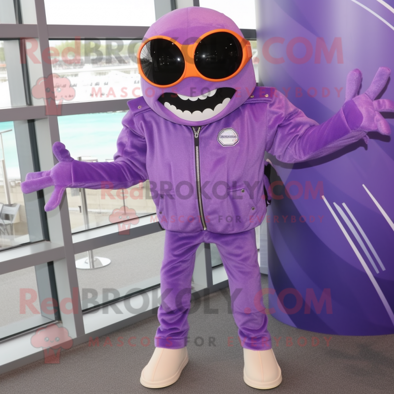 Lavender Spider mascot costume character dressed with a Biker Jacket and Tie pins Lavender Spider mascot costume character dressed with a Biker Jacket and Tie pins