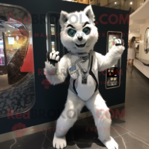 Silver Lynx mascot costume character dressed with a Bodysuit and Keychains