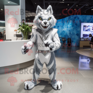 Silver Lynx mascot costume character dressed with a Bodysuit and Keychains
