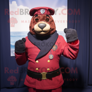 Maroon Navy Seal mascot costume character dressed with a Blazer and Gloves