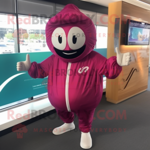 Magenta Croissant mascot costume character dressed with a Windbreaker and Rings