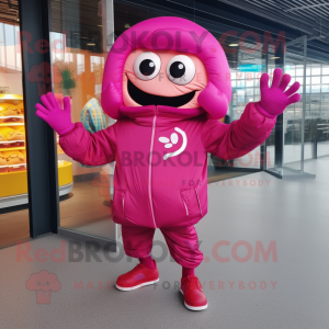 Magenta Croissant mascot costume character dressed with a Windbreaker and Rings