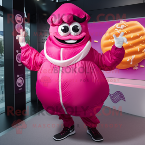 Magenta Croissant mascot costume character dressed with a Windbreaker and Rings