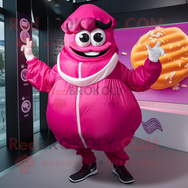 Magenta Croissant mascot costume character dressed with a Windbreaker and Rings Magenta Croissant mascot costume character dressed with a Windbreaker and Rings