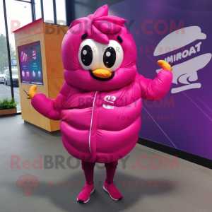 Magenta Croissant mascot costume character dressed with a Windbreaker and Rings