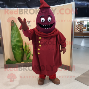 Maroon Pepper mascot costume character dressed with a Parka and Cummerbunds