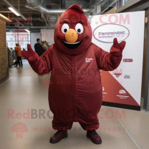 Maroon Pepper mascot costume character dressed with a Parka and Cummerbunds