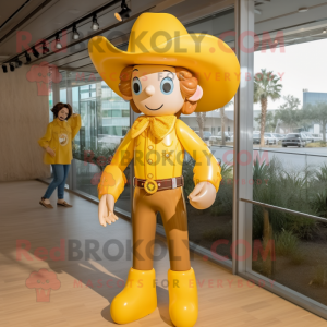 Gold Cowboy mascot costume character dressed with a One-Piece Swimsuit and Hair clips