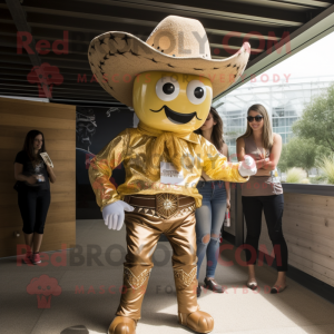 Gold Cowboy mascot costume character dressed with a One-Piece Swimsuit and Hair clips