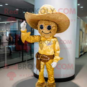 Gold Cowboy mascot costume character dressed with a One-Piece Swimsuit and Hair clips