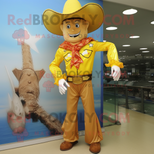 Gold Cowboy mascot costume character dressed with a One-Piece Swimsuit and Hair clips