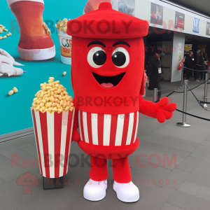Red Pop Corn mascot costume character dressed with a Shorts and Scarves