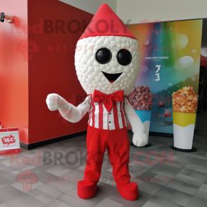 Red Pop Corn mascot costume character dressed with a Shorts and Scarves