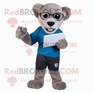 Gray Mountain Lion mascot costume character dressed with a Polo Shirt and Reading glasses