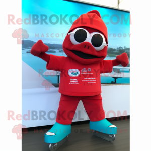 Red Ice mascot costume character dressed with a Jumpsuit and Beanies