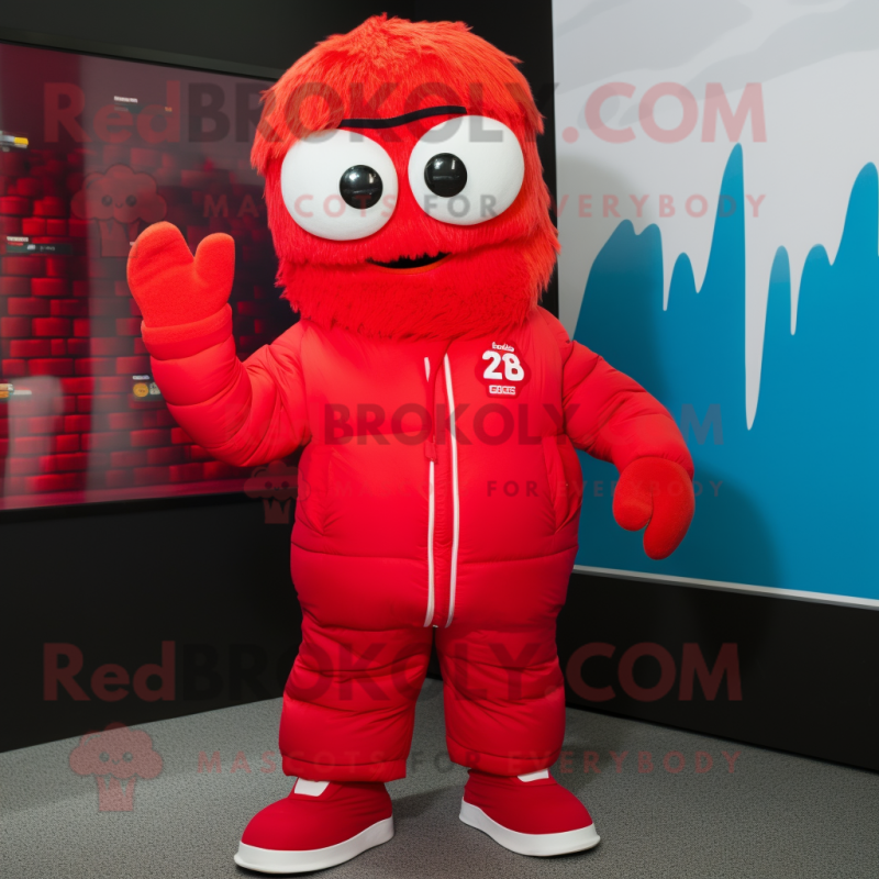 Red Ice mascot costume character dressed with a Jumpsuit and Beanies