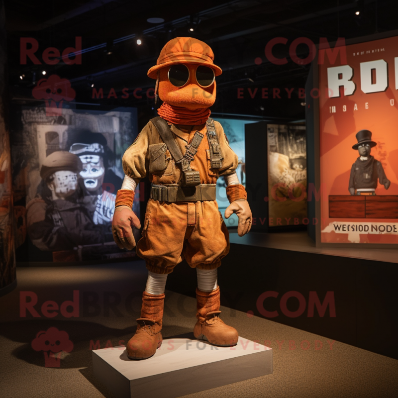 Rust Commando mascot costume character dressed with a Board Shorts and Berets Rust Commando mascot costume character dressed with a Board Shorts and Berets