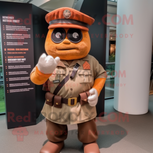 Rust Commando mascot costume character dressed with a Board Shorts and Berets