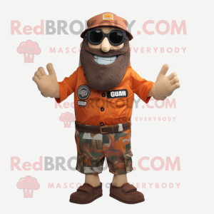 Rust Commando mascot costume character dressed with a Board Shorts and Berets