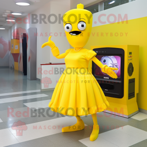 Yellow Television mascot costume character dressed with a Dress and Shoe clips