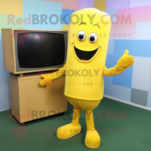 Yellow Television mascot costume character dressed with a Dress and Shoe clips