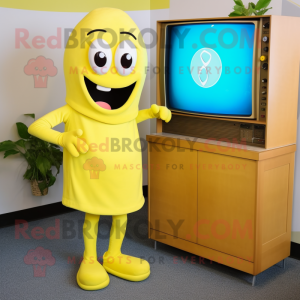 Yellow Television mascot costume character dressed with a Dress and Shoe clips