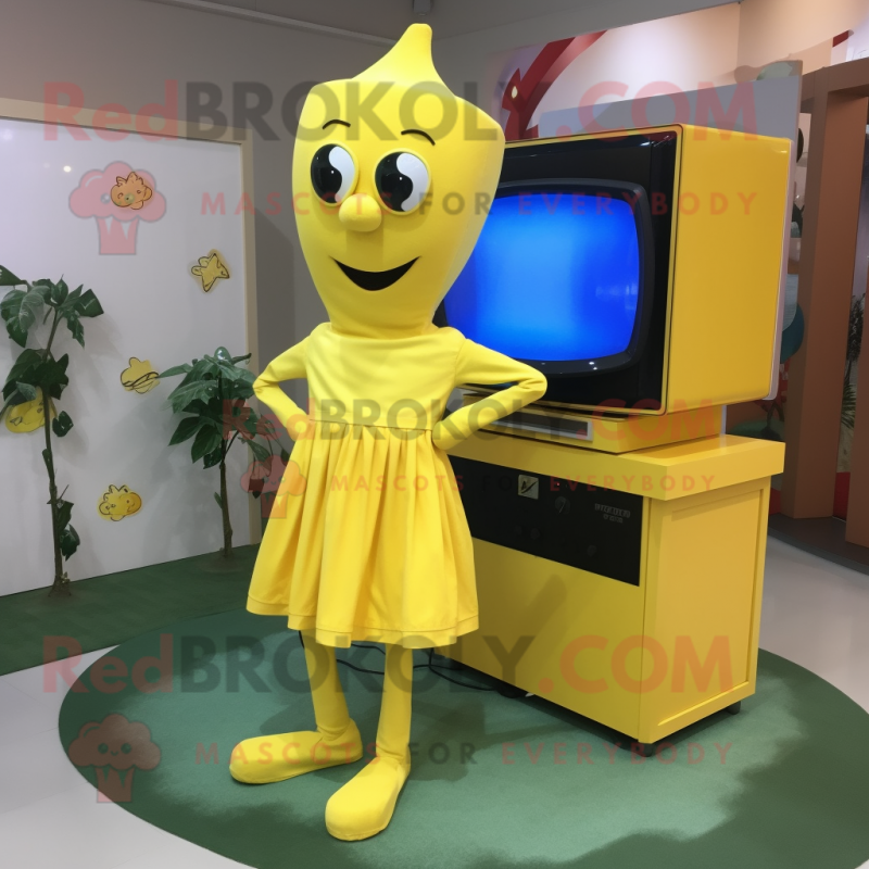 Yellow Television mascot costume character dressed with a Dress and Shoe clips Yellow Television mascot costume character dressed with a Dress and Shoe clips