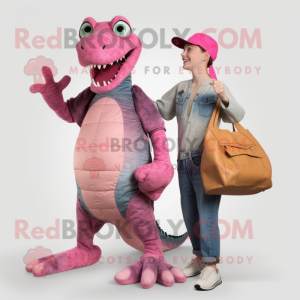 Pink Komodo Dragon mascot costume character dressed with a Boyfriend Jeans and Clutch bags