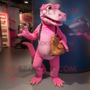 Pink Komodo Dragon mascot costume character dressed with a Boyfriend Jeans and Clutch bags