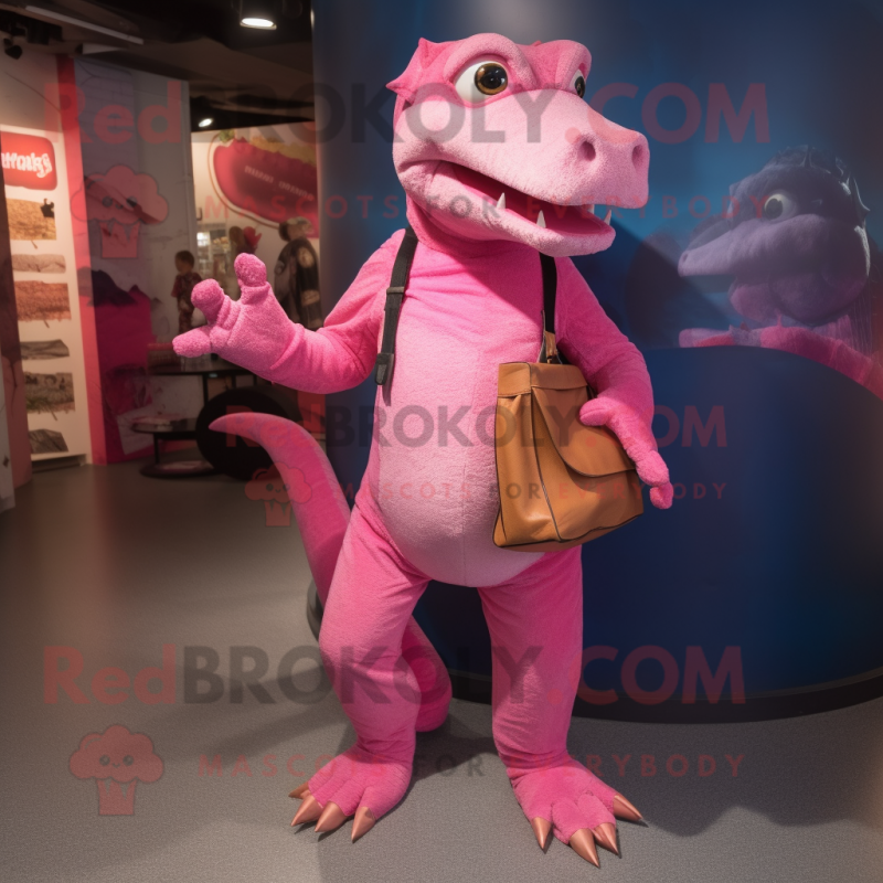 Pink Komodo Dragon mascot costume character dressed with a Boyfriend Jeans and Clutch bags