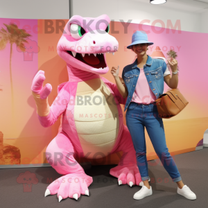 Pink Komodo Dragon mascot costume character dressed with a Boyfriend Jeans and Clutch bags