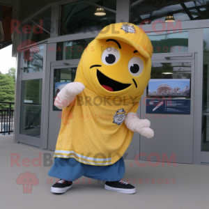 Gold Baseball Glove mascot costume character dressed with a Mom Jeans and Shawl pins