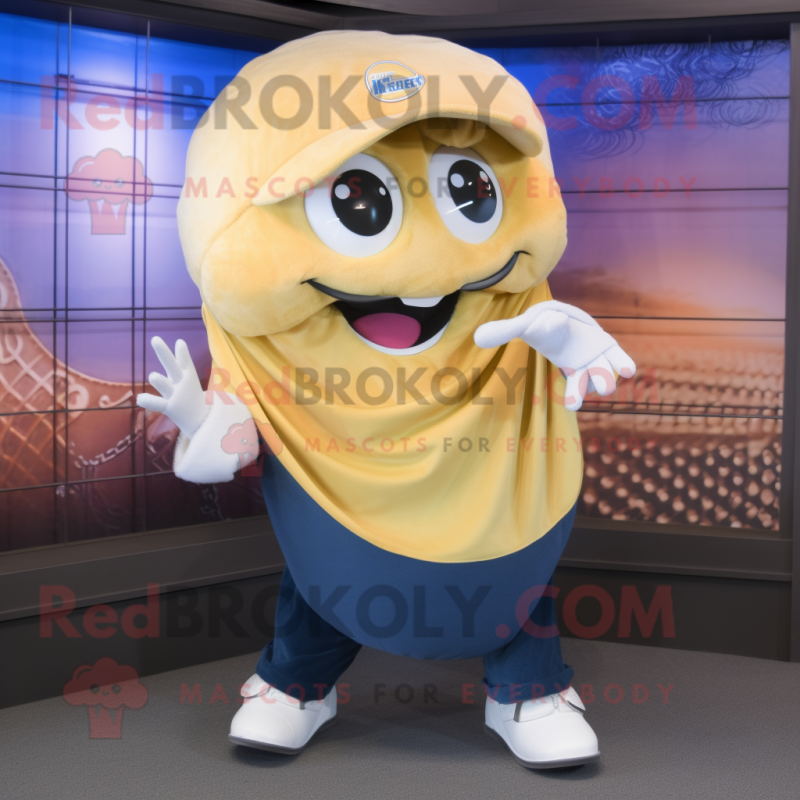 Gold Baseball Glove mascot costume character dressed with a Mom Jeans and Shawl pins Gold Baseball Glove mascot costume character dressed with a Mom Jeans and Shawl pins