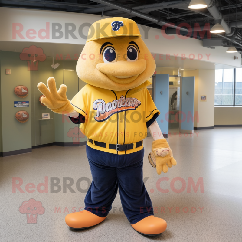 Gold Baseball Glove mascot costume character dressed with a Mom Jeans and Shawl pins