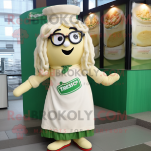 Cream Pesto Pasta mascot costume character dressed with a Shift Dress and Eyeglasses