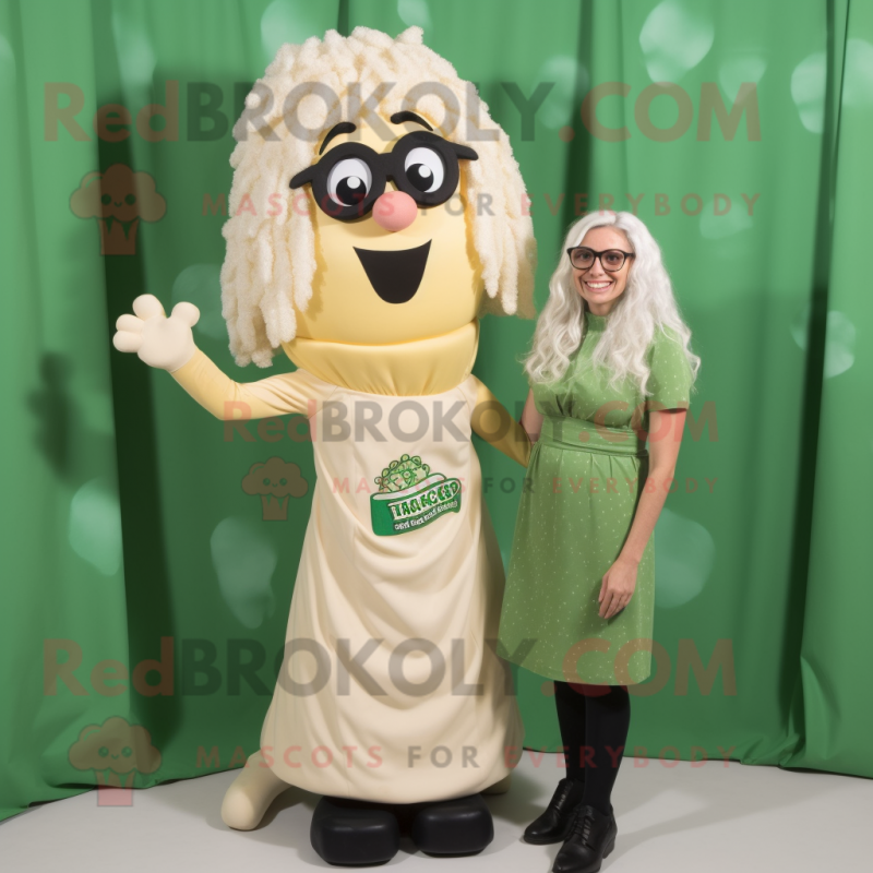 Cream Pesto Pasta mascot costume character dressed with a Shift Dress and Eyeglasses Cream Pesto Pasta mascot costume character dressed with a Shift Dress and Eyeglasses