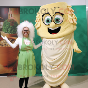 Cream Pesto Pasta mascot costume character dressed with a Shift Dress and Eyeglasses