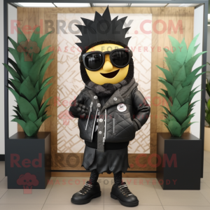 Black Pineapple mascot costume character dressed with a Leather Jacket and Scarves