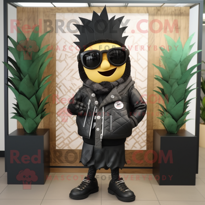 Black Pineapple mascot costume character dressed with a Leather Jacket and Scarves Black Pineapple mascot costume character dressed with a Leather Jacket and Scarves
