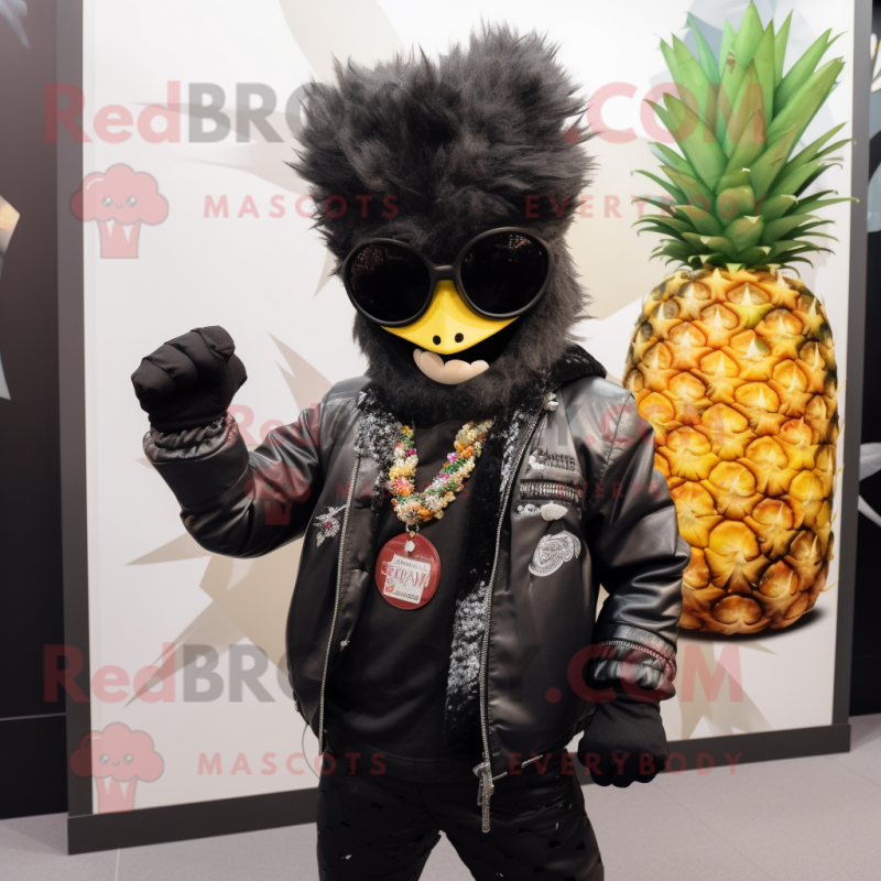 Black Pineapple mascot costume character dressed with a Leather Jacket and Scarves