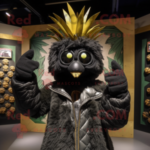 Black Pineapple mascot costume character dressed with a Leather Jacket and Scarves