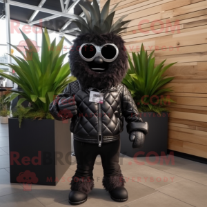 Black Pineapple mascot costume character dressed with a Leather Jacket and Scarves